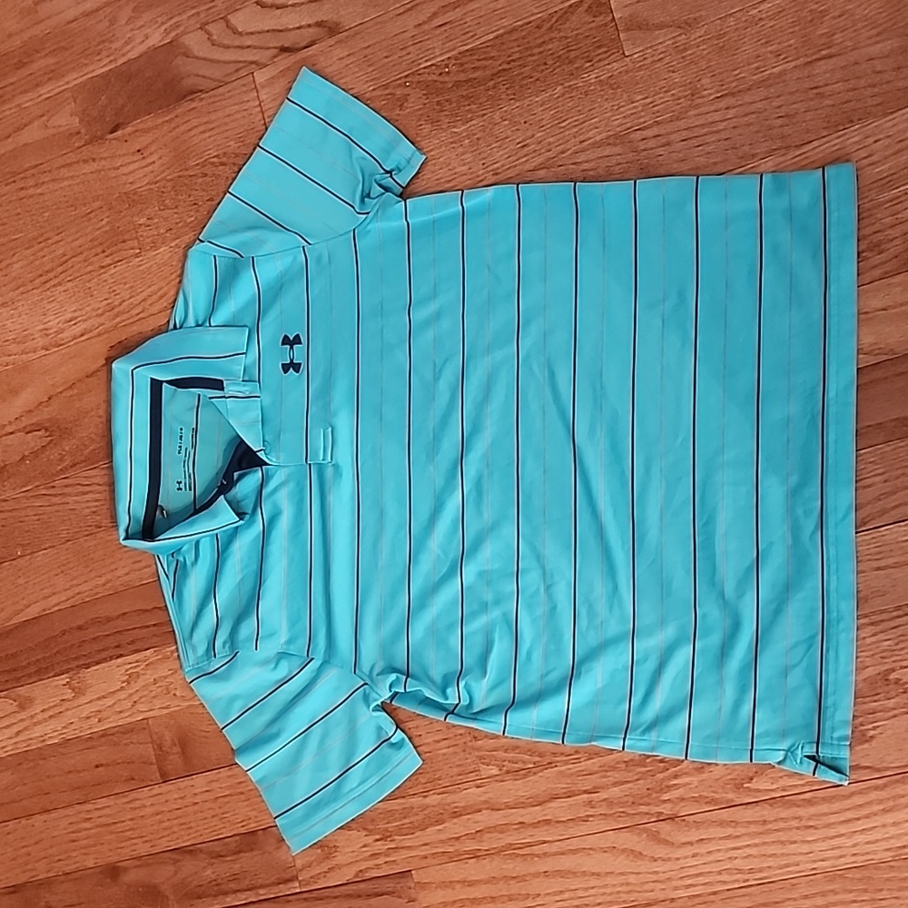 Under Armour Heatgear Polo Shirt Blue, Black & Gray Striped, YLG